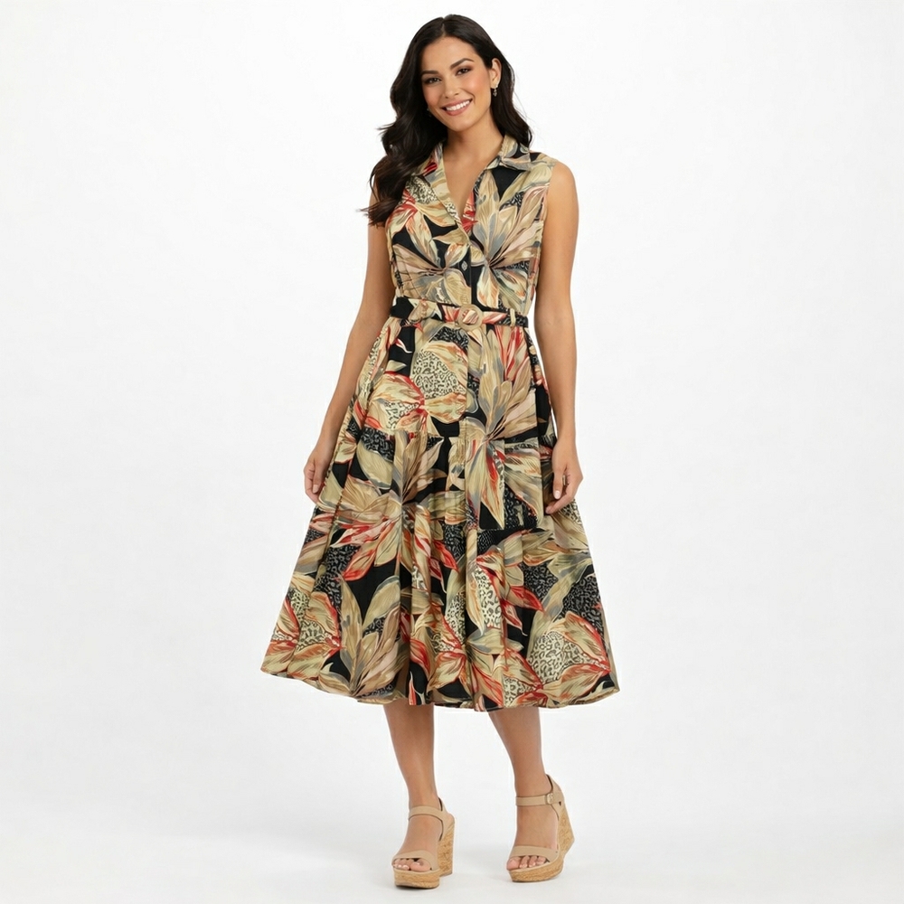 Nicole Miller Linen Blend NWT Sleeveless Dress Sz 14 Tropical  Leopard Print #54